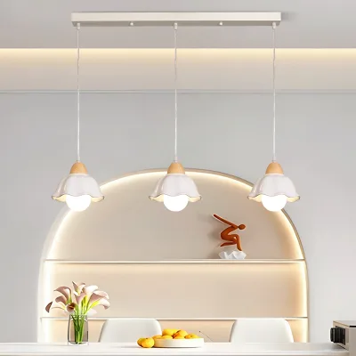Wabi-sabi Style Iron Three-Head Pendant Lamp Petal White Adjustable Height Bedside Light for Bedroom Dining Room Bar