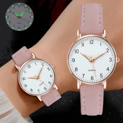 Modern Simple Digital Luminous Quartz Watch for Men Women Fresh Frosted Leather Casual Band 16mm Width Alloy Case Glass Dial