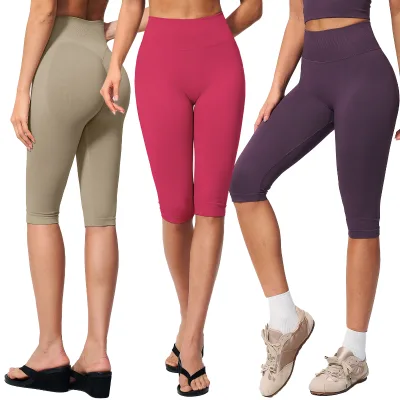 Solid Color Seamless Head Hip Lift Sling High Waist Women's Yoga Athletic Compression Capri Leggings