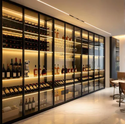 Villa Home Bar Wine Cabinet Custom, Tempered Glass Door LED Light Corner Wine Display Cabinet With Wine Glass Hanging Rack
