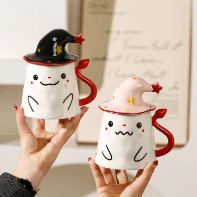 Unique Strange Ceramic Ghost Mug with Hat Lid Halloween Gift Cup