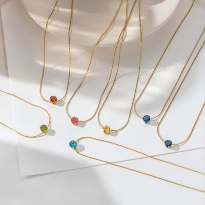 HWASAN 18K Gold Plated Stainless Steel Birthstone Necklace Women Six Claw CZ Colored Gemstone Collarbone Chain Jewelry Wholesale