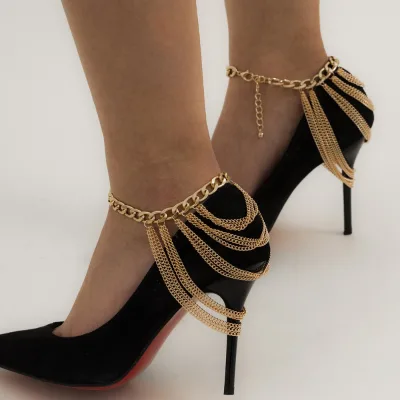 Women's Multi Layer Tassel Hip Hop Anklet with European American Style, Bold Unique Geometric Metal Chain Shoe Chain