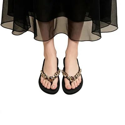 Starry Sky-designed Rhinestone PVC Patent Leather Upper Non-slip Women's Flat-sole Summer Pointed Tip Flip-flops Trendy Casual