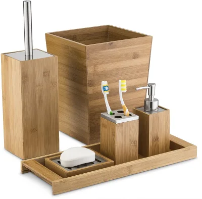 Bamboo Bathroom Accessories Set 6 Piece Bathroom Organize With Toothbrush Holder Luxury Bathroom Vanity Complete Countertop Set