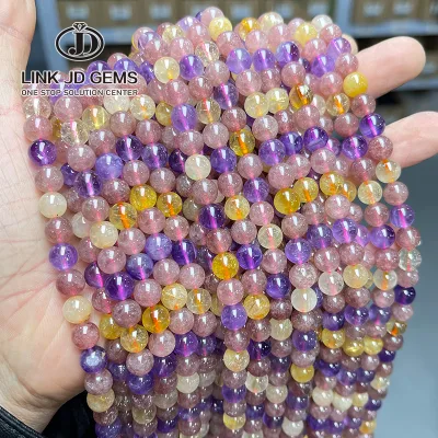 JD 6/8/10mm Natural Stone Beads Auralite Super Seven Ghost Purple Lodolite Quartz Round Loose Beads for Jewelry Making