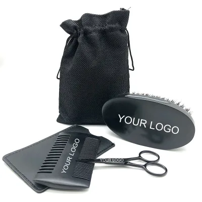 Private Label Men Comb Custom logo 100% Boar Bristle Beard Brush and Combs Wood Beard Comb Beard Kit Gift Set