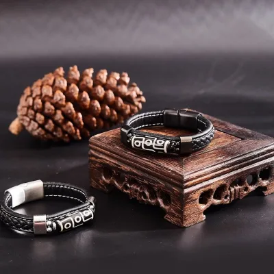Ethnic Style Dzi Bead Stainless Steel Bracelet Vintage Handmade Braided Magnetic Buckle Genuine Leather Bracelet for Men