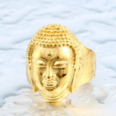 Thai Religious Soldier Buddhism Religions 18k Gold Plated  Luck Ring Siddhartha Gautama Head Titanium Steel Ring for Men