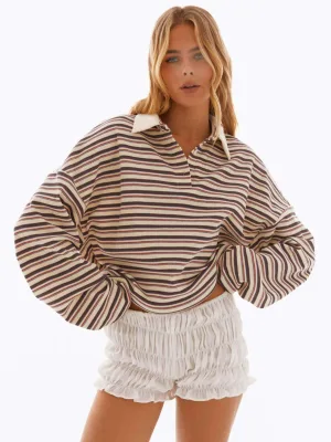 Long Sleeved Knitted T-shirt for Women French Style Regular Fit Casual Retro Collar Top