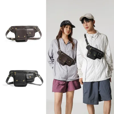 Vintage PU Lightweight Barrel-shaped Multi-functional Outdoor Cycling Bag for Men; Sports Waist Pack Shoulder Chest Phone Pouch