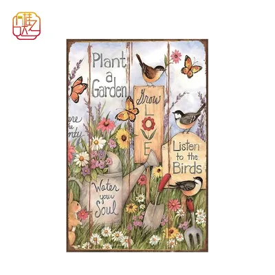 Rustic Aluminum Vintage Sign with a Fun Floral and Bird Design, Metal Sign for Courtyard, Garage, Farm, Outdoor Garden