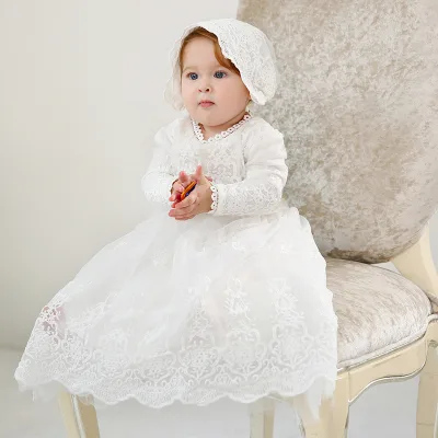 2022 Spring New Long Sleeve Lace with Hat 3 Months Baby Girl Maxi Dress