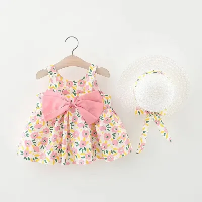 Wholesale 1496 Children's Clothing Summer Girls Sleeveless Dress with Patterned Cotton Flower Skirt Sweet Pastoral Style Hat