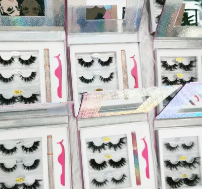 Custom Lashes Package Clear Mirror Case Full Strip 3D Mink Lashes with Eyeliner Glue Pen Eyelash Tweezers Set