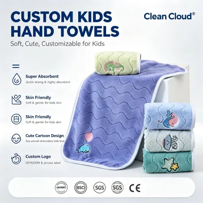 Custom Microfiber Kids Hand Towels - Cute Cartoon Sea Animal Embroidery, Super Absorbent Soft Baby Towels, Custom Logo OEM