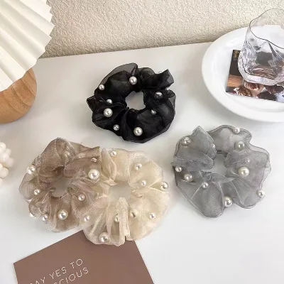 New Arrival Korean Girls Organza Large Hair Scrunchies with Pearl Scrunchies Simple Fashion Hair Rope for Girls Hair Accessories