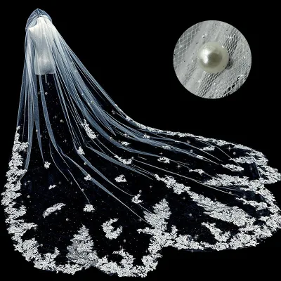 Elegant Bridal Veil Long Vintage Tulle Mesh Lace Veil Ivory Embroidery Flower Train for Wedding Dress Accessory