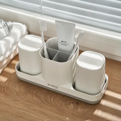 Bathroom Vanity Counter-top Organizing Plastic Bathroom Storage Accessories Set With 2 Cups and Toothbrush Holder