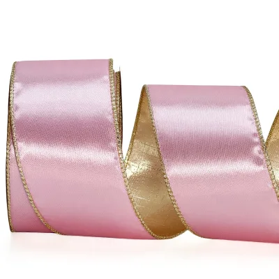 63mm High Density Double-Sided Pink Wired Ribbon Satin 100% Polyester Custom Double Face Christmas Ribbon with Glitter Edge