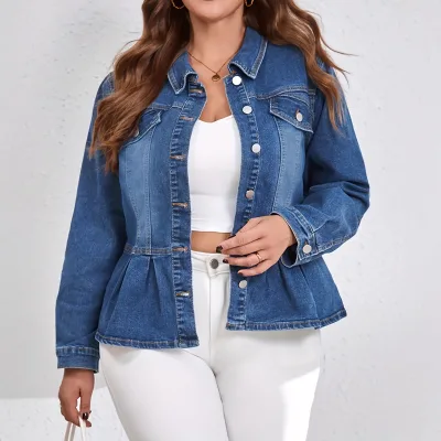 European American Instagram-style Plus-size Womens Retro Preppy Flounce-hem Long-sleeve Slim-fit Stretch Jacket