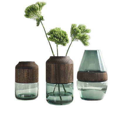Nordic Style Solid Wood and Transparent Glass Vase for Modern Home or Hotel Room Decoration