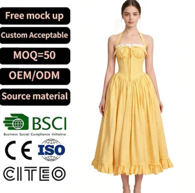 Yellow Gingham Halter Corset Midi Dress Lace Trim Bow Front Ruffle Hem Vintage Cottagecore Summer Party Wear for Women Elegant