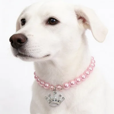Crown Cat & Dog Collar Princess-Style Cross-Border Pet Accessory Pink Pearl Decoration