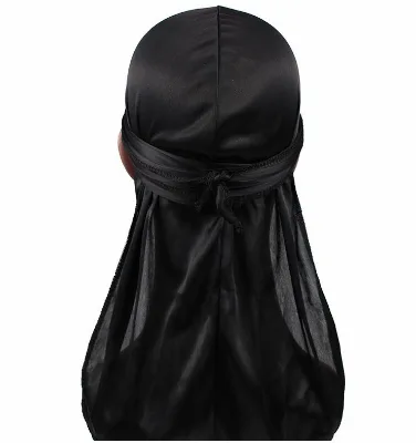 Wholesale Solid Black Designer Durags for Men Women Silk Custom With Logo Du Rags Luxury Long Tail Head Wrap