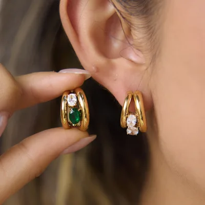 Zircon Setting Tube Stainless Steel Geometric Double C Shape Earrings Charm Metal Prevent Allergy Daily Office Jewelry