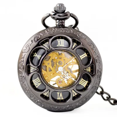 Boshiya Mechanical Pocket Watch Black Silver Skeleton Mechanical Hand Wind Pocket Watch