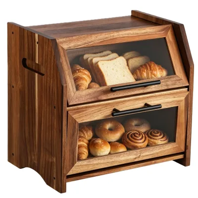 Wood Double Layer Bread Box with Clear Acrylic Door & Air Vents, Wooden Bread Storage Bin