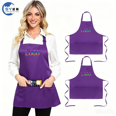 Custom Logo Waterproof Apron Printed Polyester Bib Apron for Nail Salon Restaurant Bar Barista Uniform Purple Apron