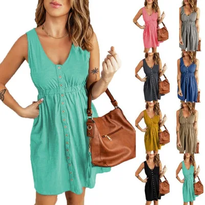 Elegant Dignified Solid Color Sleeveless Dress Lady Simple Grace Comfortable Elastic Waist Elastic Dress