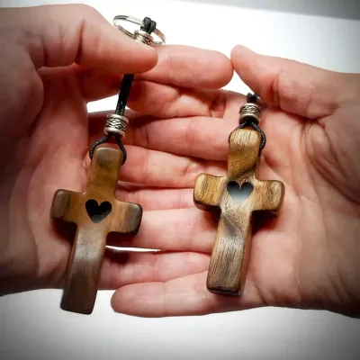 Walnut Wooden Cross Keychain With Heart Cutout, Christian Religious Key Ring For Church Souvenir & Faith Gift