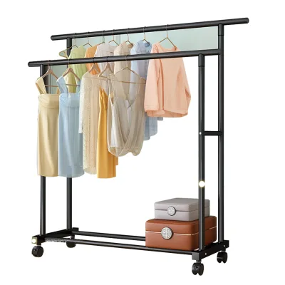 Large Capacity Modern Movable Double Rod Carbon Steel Coat Rack Wheels for Bedroom/Balcony Storage Shelves Clothes Shoes Hanger