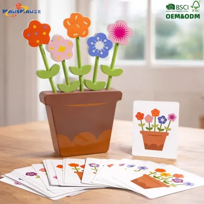 New Montessori Wooden Children's Kids Girl Pretend Play Other Educational Flower Arranging Game Toy with Double-side Task Cards