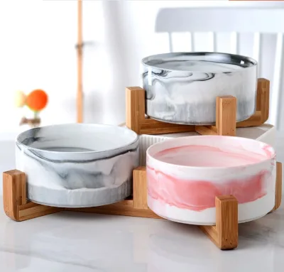 Ceramic Marble Pet Bowl with Bamboo Stand Round Bamboo Stand for Pets