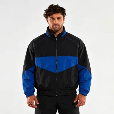 Men Classic Black Blue Spliced Color Block Woven Sports Jacket, Outdoor Training Fitness and Daily Casual Activities