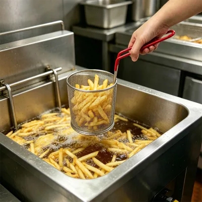 Home-Use Blanching and Straining Basket Stainless Steel Round Fry Basket French Fries and Chicken Nuggets Fry Strainer