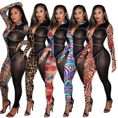 Oem Custom Logo Women Print Long Sleeve Jumpsuit Bodycon Rompers Jogging Pants Tracksuit