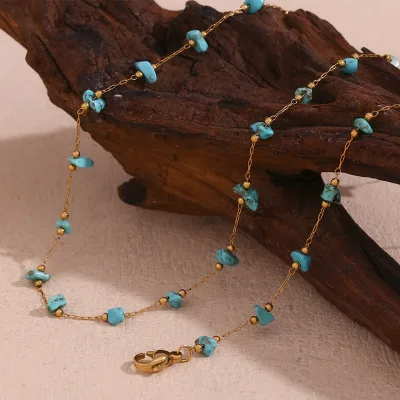 Gfashion Waterproof Natural Stone Handmade Chain Necklace Turquoise Choker Gemstone Beaded Necklace 316l Stainless Steel