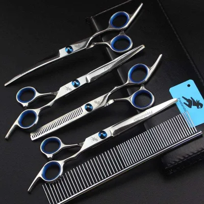 PET Dog Grooming Coated Titanium Scissors Suit Cutting&Curved&Thinning Shears 4pcs Scissor and 1 Metal Comb
