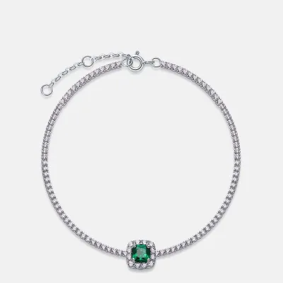 Women Fashionable 925 Sterling Silver Emerald Crystal Rhinestone Chain Link Bracelet