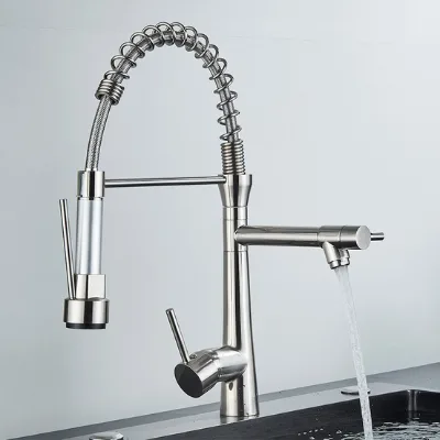 Good Build Quality Swivel Spring Spout Pull Down 2 Function Sprayer Brushed Antique Bronze Brass Kitchen Sink Faucet Mixer Brush