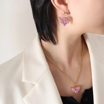 Copper Heart-shaped Zircon Necklace Earrings Stainless Steel Chain Necklace Rose Quartz Gold Set Women's Fashion Jewelry Set