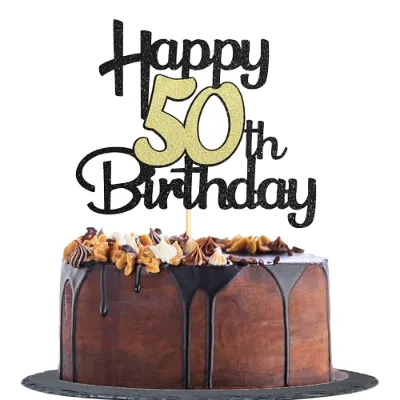 Sotpot 1 Pack Handmade 50th Birthday Cake Toppers Black Gold Glitter Birthday Party Decorations