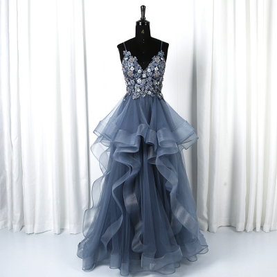 Latest Style Lace v Neck Applique Layered Women Prom Dress Gowns Evening Dresses for Women Evening Dresses