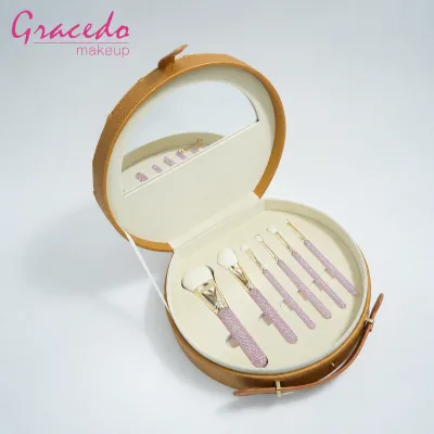 Private Label 6PCS Crystal Silk Face Makeup Brush Set Pink Rhinestone Handles Copper Ferrules Gift Case ISO9001 Certified OEM