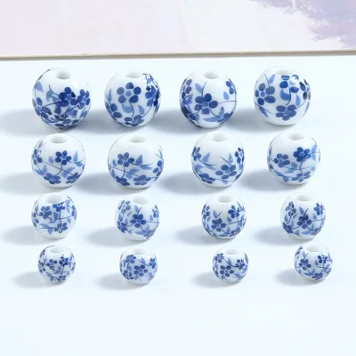 20PCS/Bag Round Porcelain Beads Blue Flower Printed Spacer Beads Craft Beading Jewelry Accessories